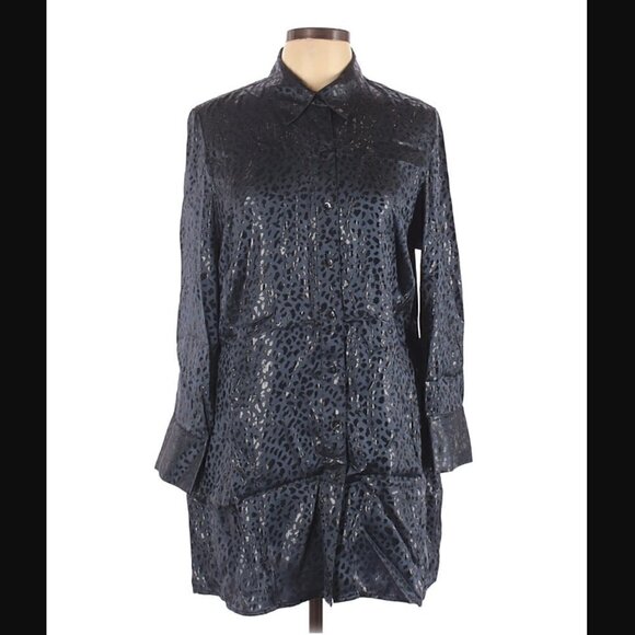 Chico’s Tunic Top 12 Silk Cheetah Animal Print Metallic Navy Blue Cocktail Party - Picture 1 of 11
